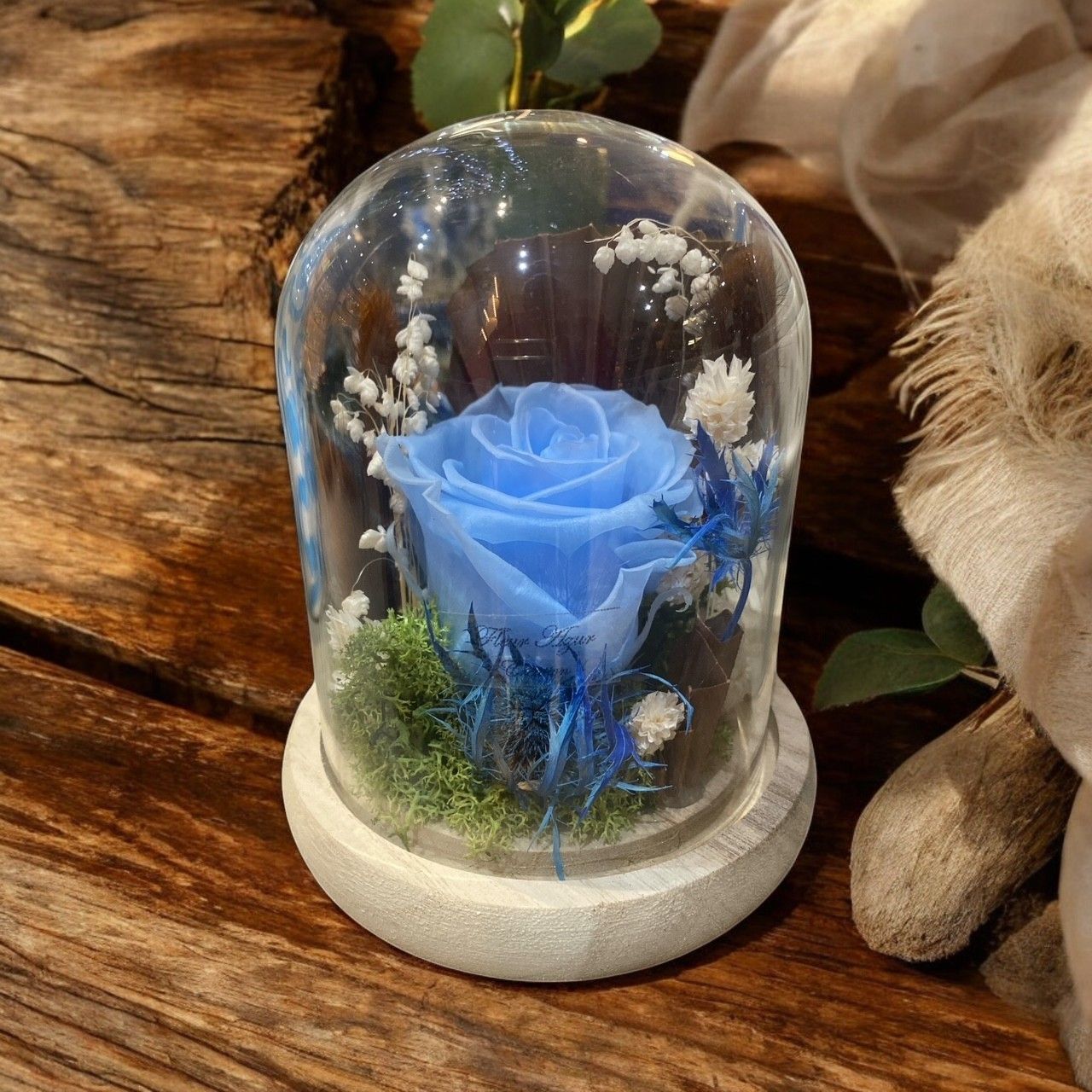 Rose éternelle BLEU sous globe