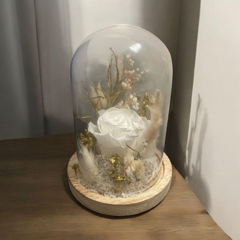 Rose éternelle sous globe blanche
