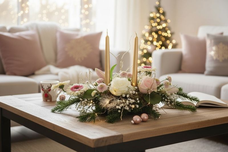 Centre de table avec bougie rose et blanc