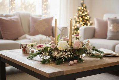 Centre de table avec bougie rose et blanc