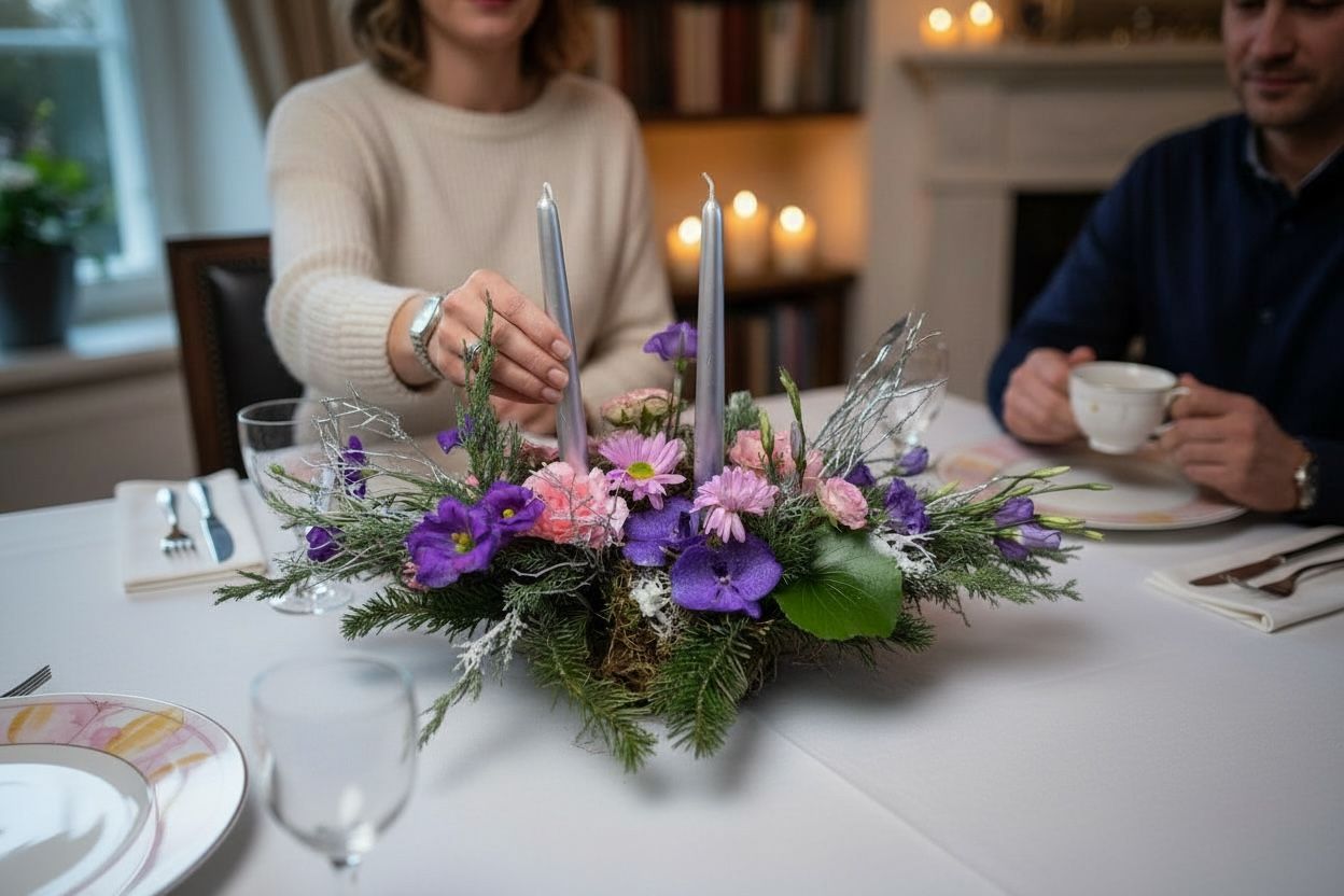 CENTRE DE TABLE ROSE/PARME AVEC BOUGIES