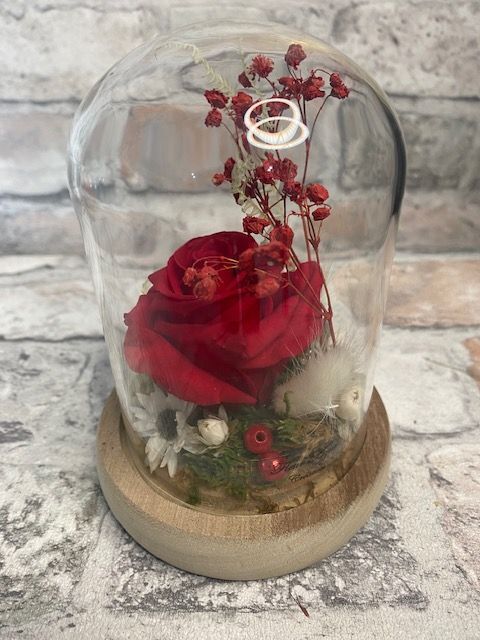 Roses rouges éternelles sous globe