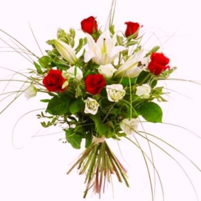 Bouquet Lys Blancs, Lisianthus & Roses Rouges | Fleur Azur
