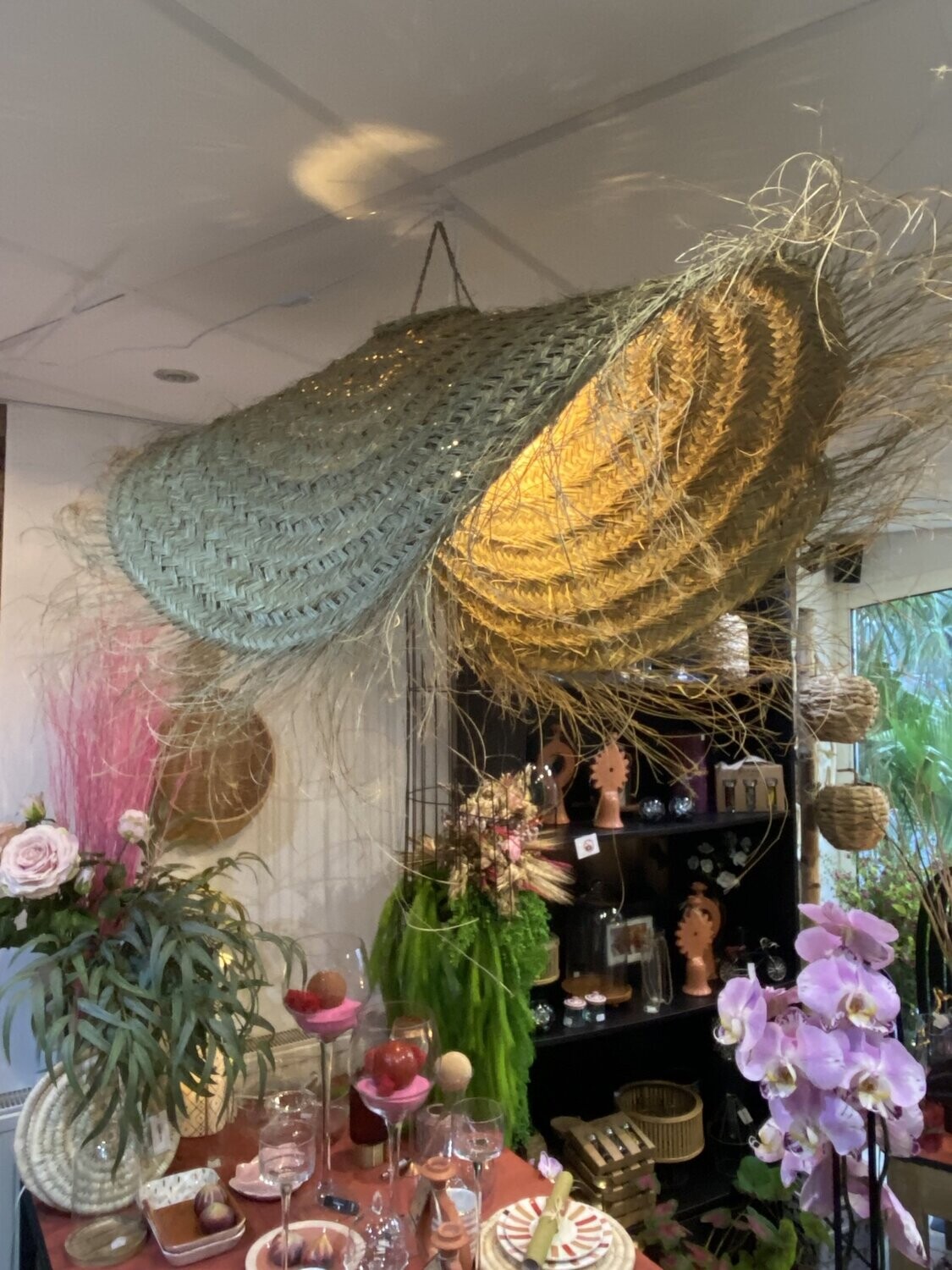 Lustre Artisanal Marocain en Fibres Naturelles 1 m – Fleur Azur Nantes