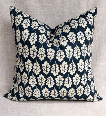 Oak Leaf, Navy Velvet-Backed Cushion