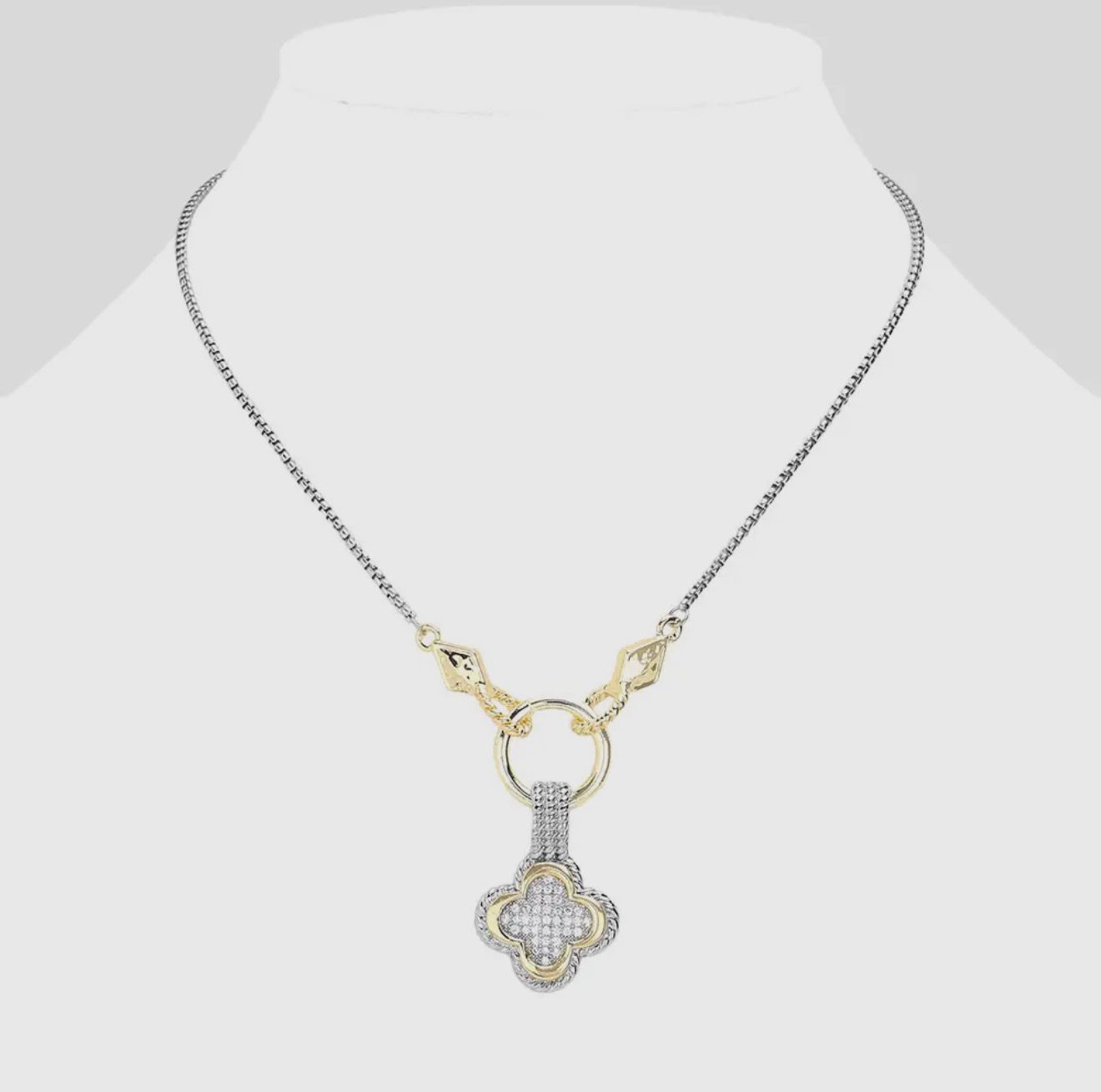 Two Tone CZ Quarter Foil Pendant Necklace