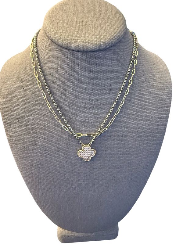 14K Gold Plated CZ Stone Paved Quatrefoil Pendant Necklace