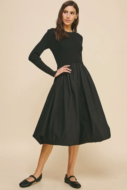 Poplin Ribbed Knit Midi Dress