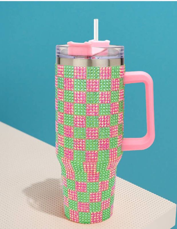 Pink and Green Bling Studded Checkered Pattern 40oz Stainless Tumbler