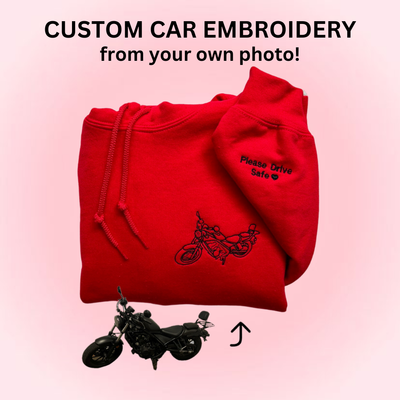 CUSTOM CAR Line Art Embroidery from Your Own Photo! - sleeve embroidery &amp; text below the design option