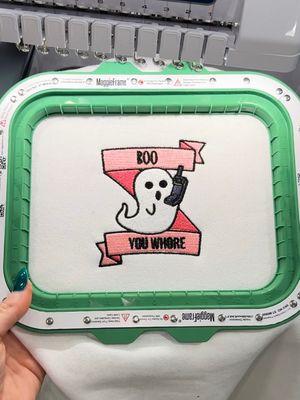 Boo You Whore Ghost Halloween Embroidery - custom sleeve option