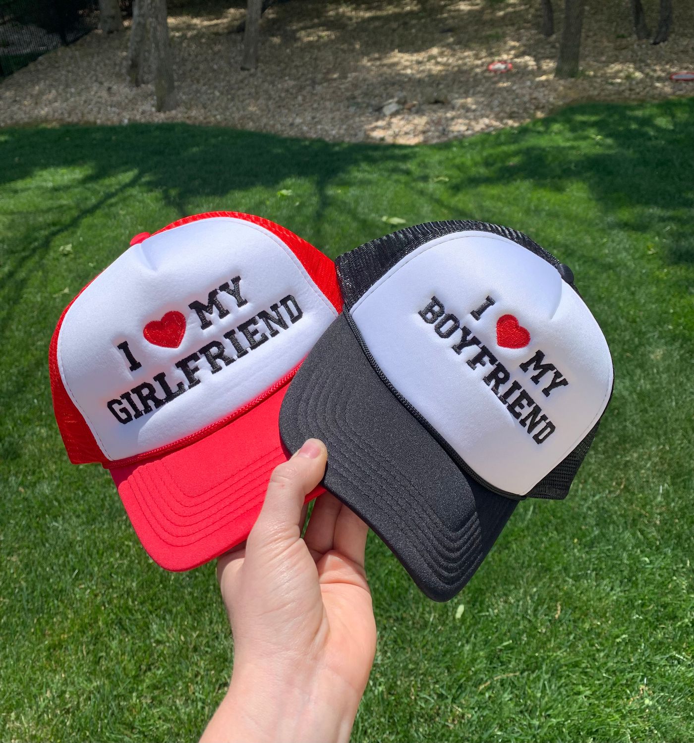 I Love My Boyfriend/ Girlfriend Trucker Hat Set
