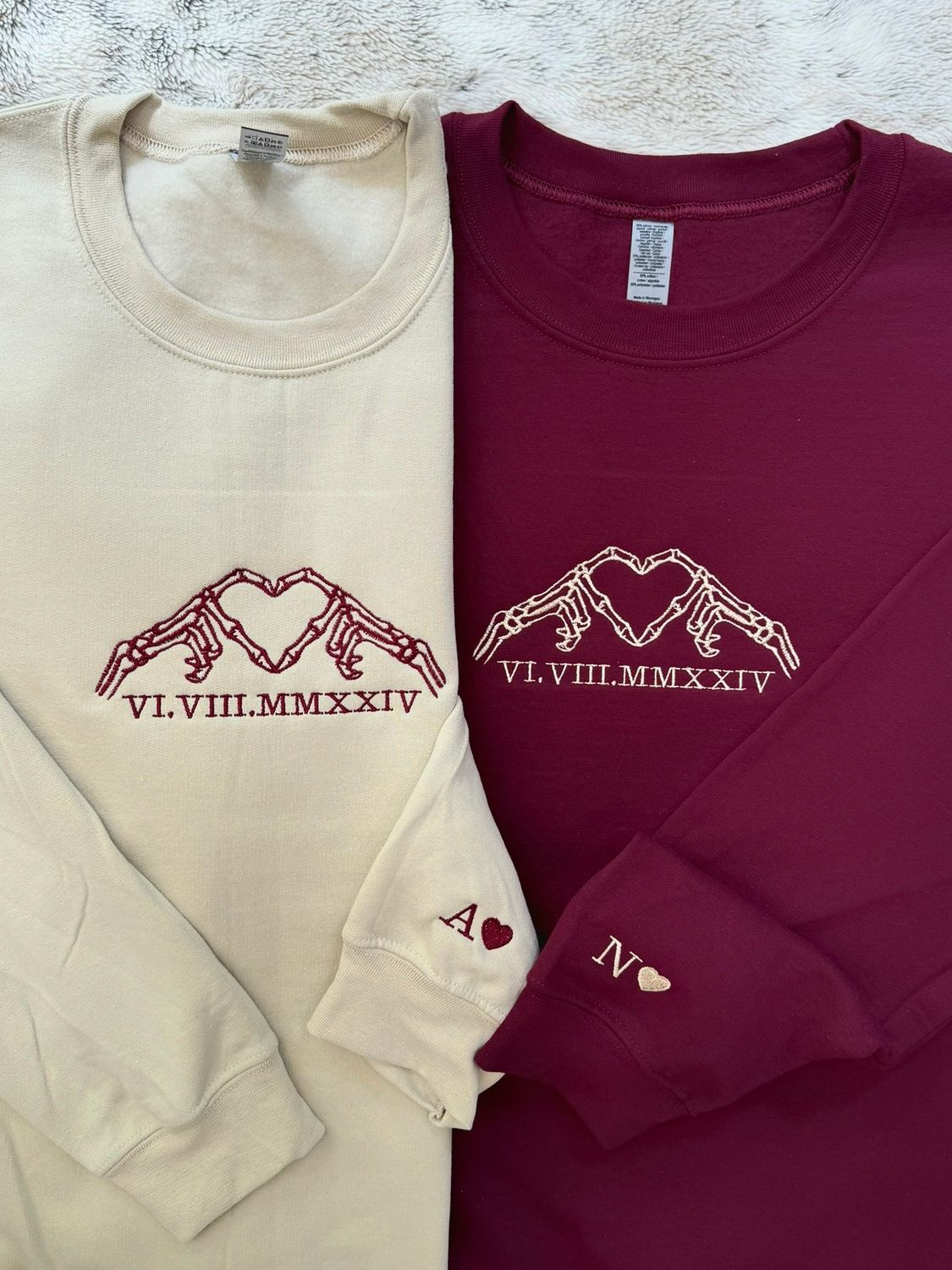 Skeleton Heart Matching Couples Embroidery Set - custom sleeves &amp; roman numerals under design option