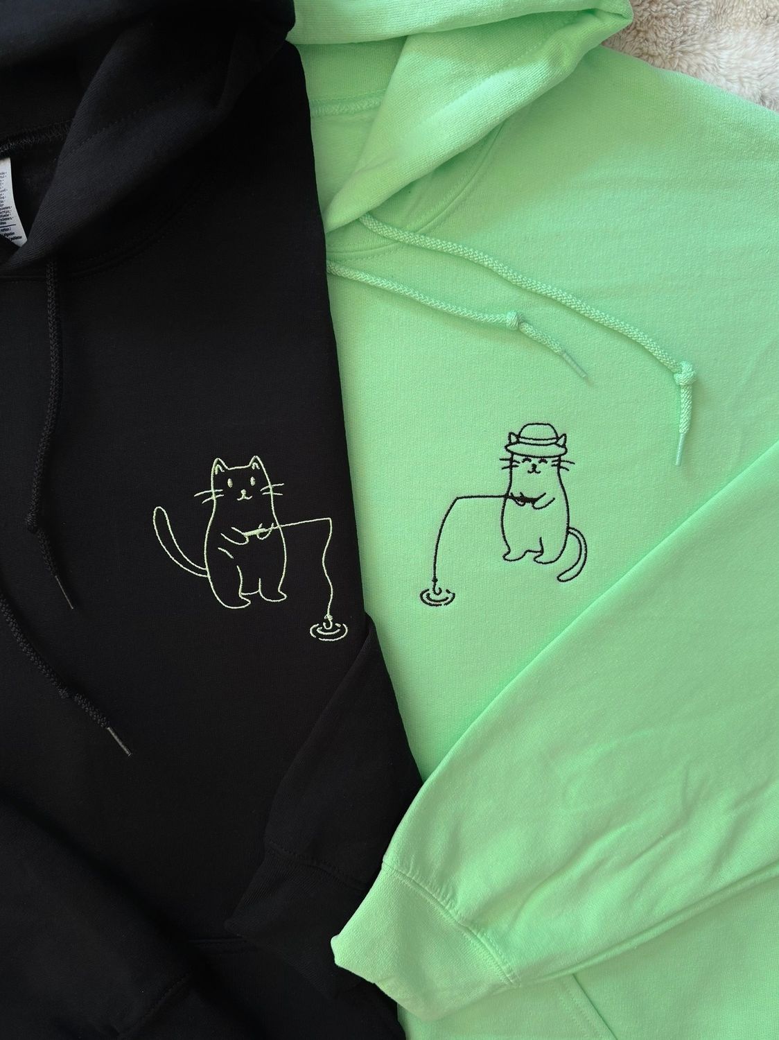 Cats Fishing Matching Embroidery Set for Couples &amp; Besties - custom sleeve option