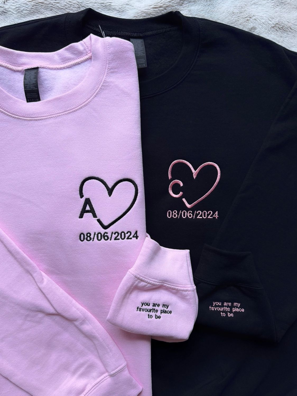 Heart Initials Matching Couples Embroidery Set - custom sleeves &amp; roman numerals/ text under design option