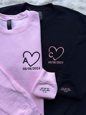 Heart Initials Matching Couples Embroidery Set - custom sleeves &amp; roman numerals/ text under design option