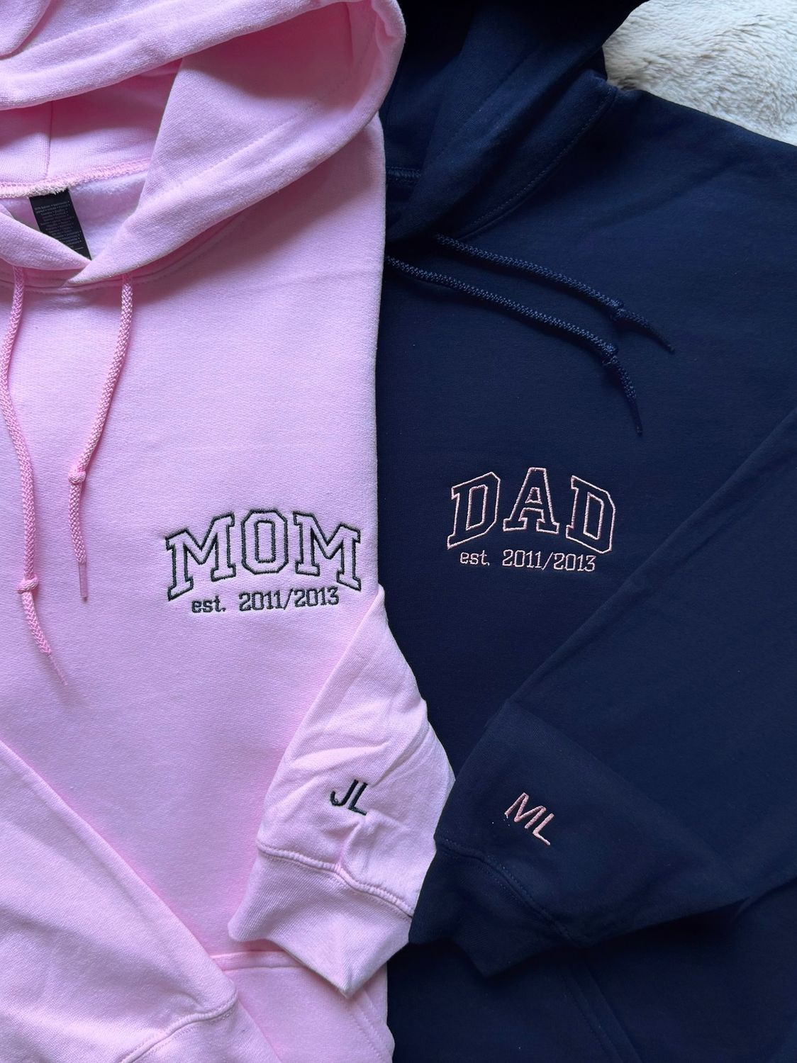 Mom &amp; Dad Est. Custom Year Matching Embroidery Set - custom sleeve option