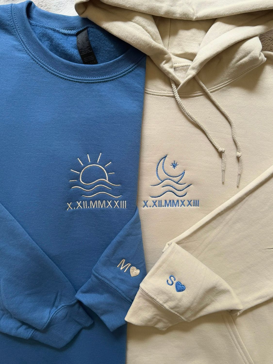 Sun &amp; Moon Wave Matching Embroidery Set - custom sleeves &amp; roman numerals under design option