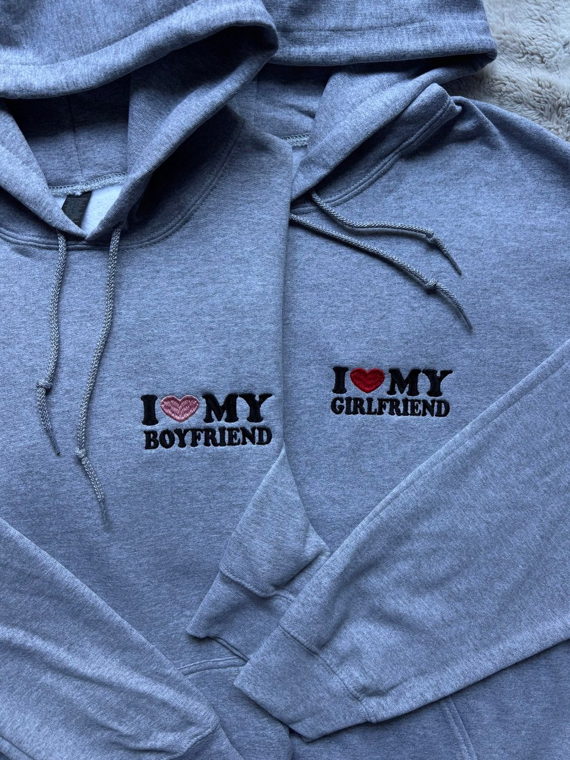 I Love My Boyfriend/ Girlfriend Matching Embroidered Hoodies for Couples- custom sleeve option