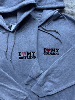 I Love My Boyfriend/ Girlfriend Matching Embroidered Hoodies for Couples- custom sleeve option