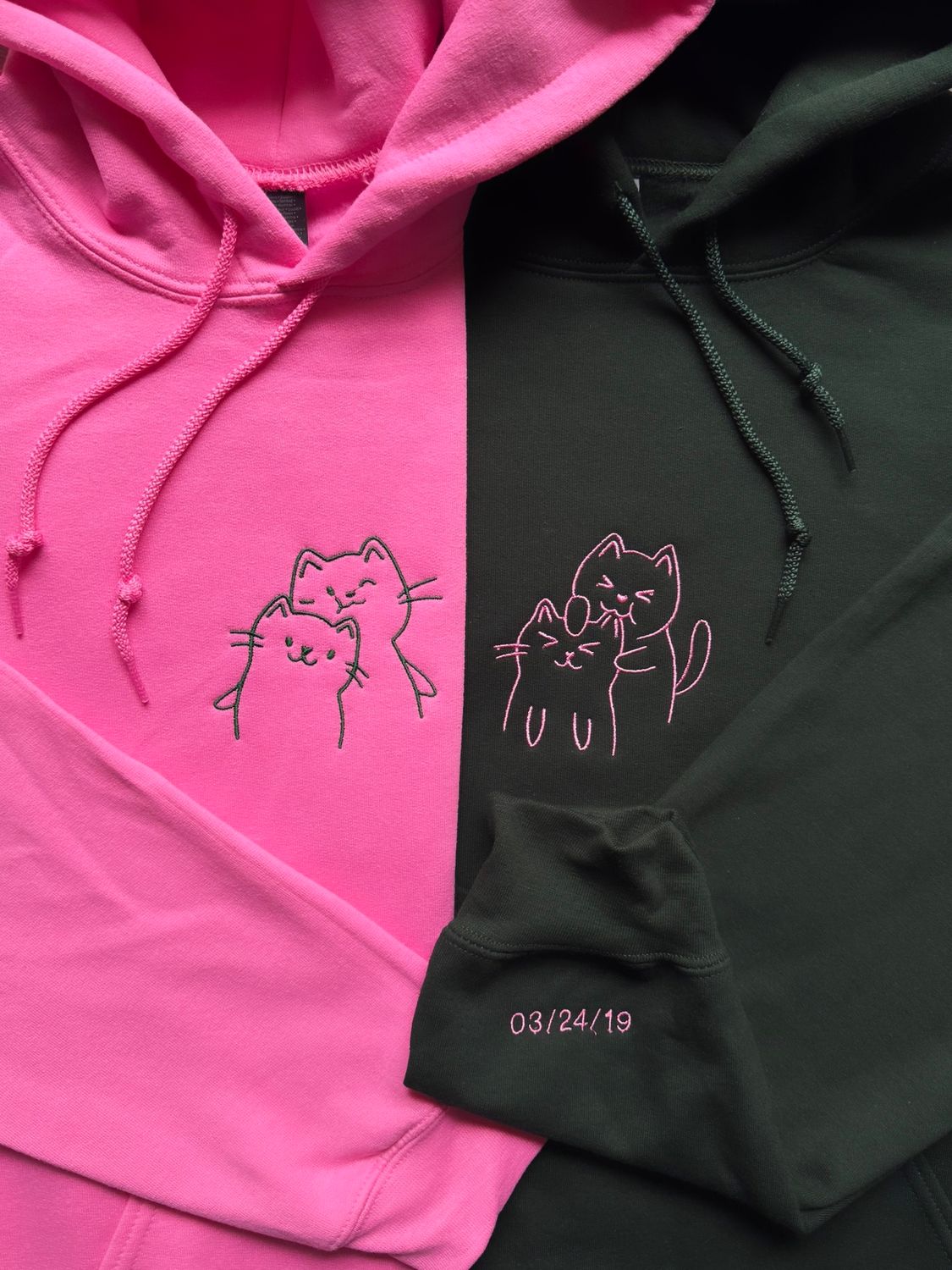 Doodle Cat Love Matching Couples Embroidery - custom sleeves &amp; roman numerals under design option