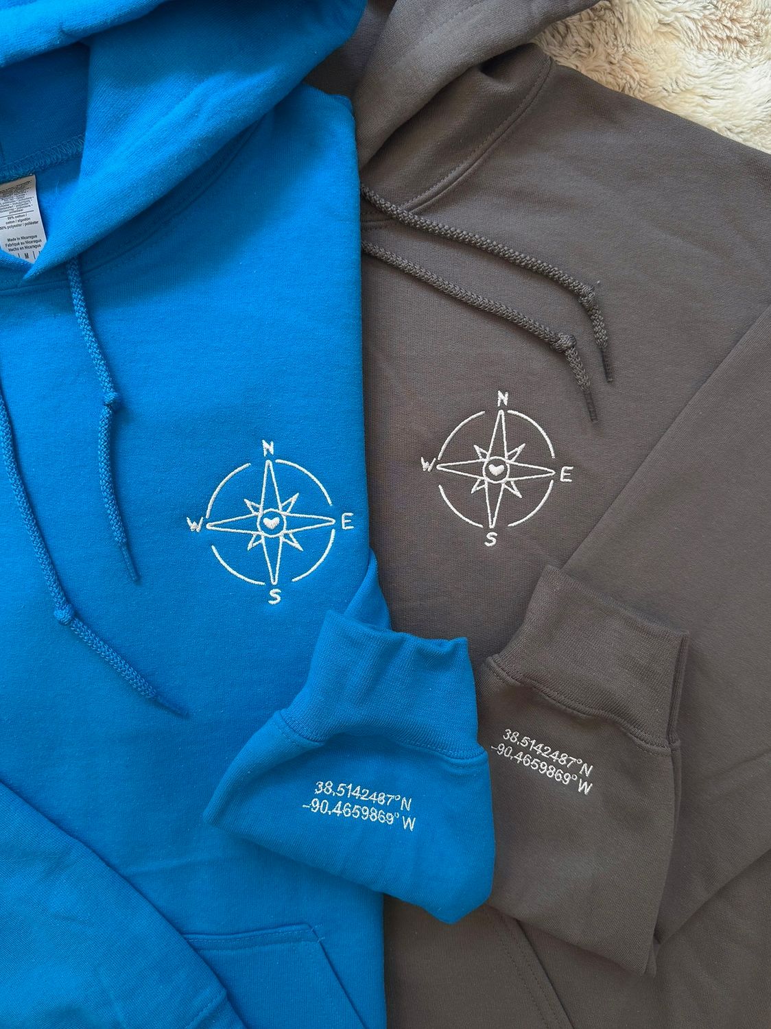 Compass of Love Coordinates Matching Couples Embroidery Set - custom sleeve option