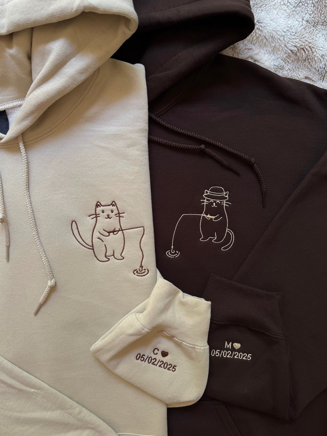 Cats Fishing Matching Embroidery Set for Couples &amp; Besties - custom sleeve option