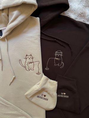 Cats Fishing Matching Embroidery Set for Couples &amp; Besties - custom sleeve option