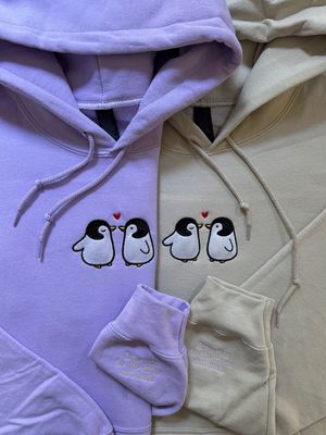 Penguin Love Matching Couples Embroidery - custom sleeves &amp; roman numerals under design option