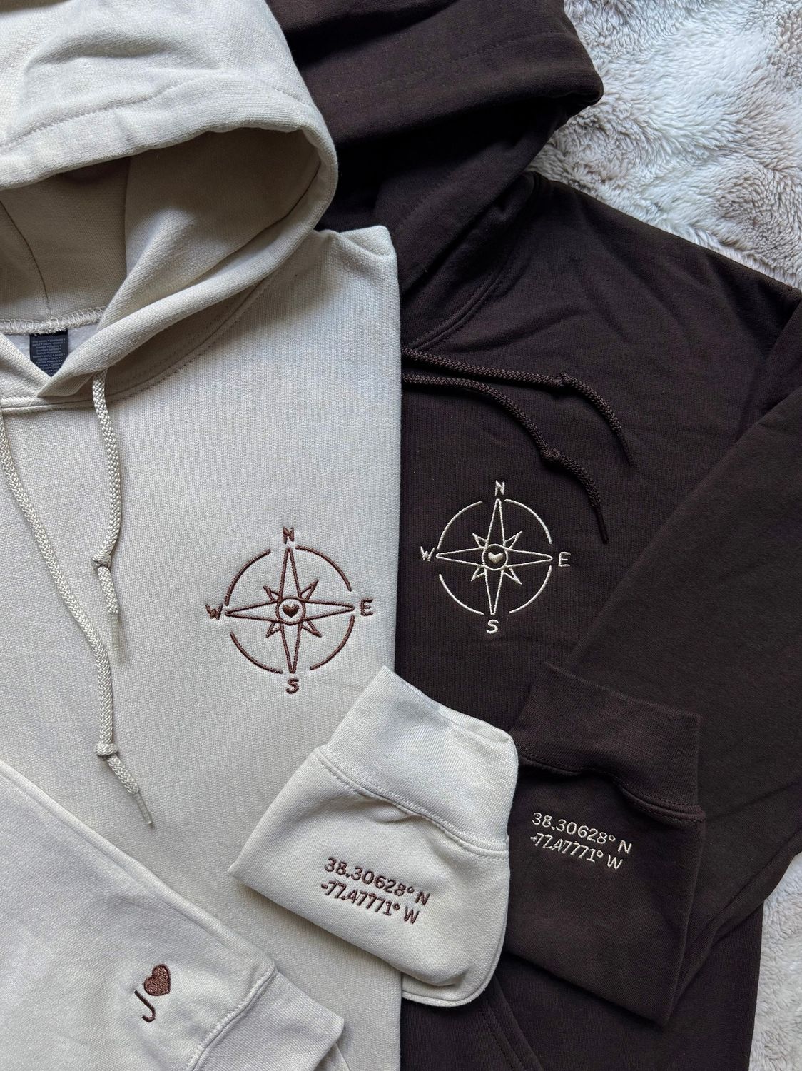 Compass of Love Coordinates Matching Couples Embroidery Set - custom sleeve option