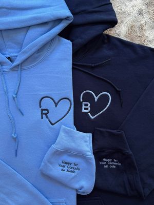 Heart Initials Matching Couples Embroidery Set - custom sleeves &amp; roman numerals/ text under design option