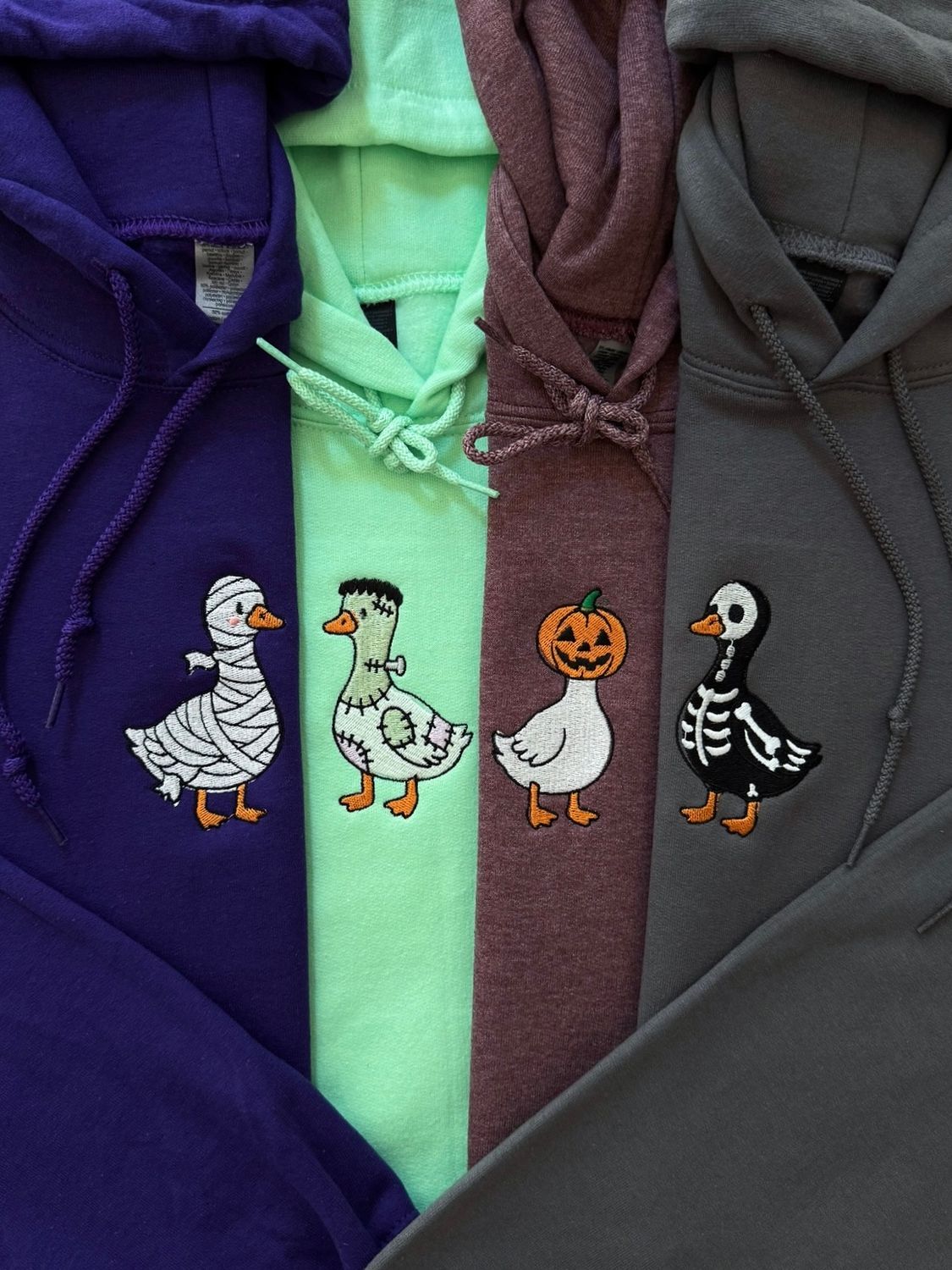 Halloween Geese QUARTET Matching Set of 4 - Mummy ~ Frankenstein ~ Pumpkin ~ Skeleton Goose