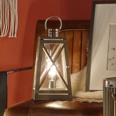 Devon Grey Wood & Chrome Lantern Table Lamp