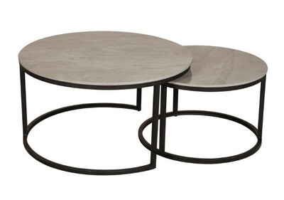 Yale Round Coffee Table Nest of 2 Tables - Grey Top | Black Metal Legs