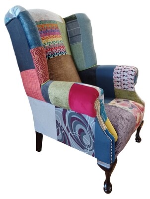 Queen Anne Patchwork Wing Chair - Mulit-Coloured | Blue | Green | Pink | Red | Yellow Patchwork