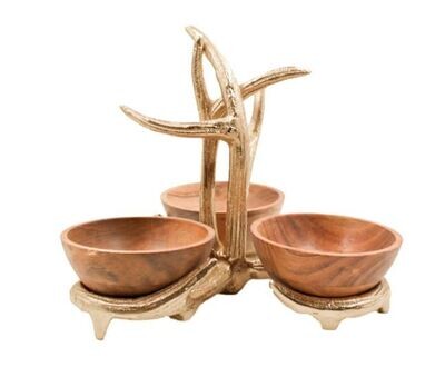 Set of 3 Bowls with Antler Stand - Gold
