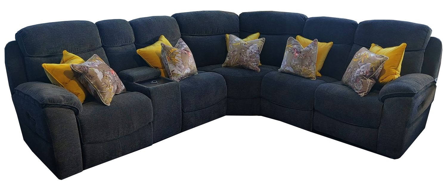 Asher Corner Electric Reclining Sofa - Console &amp; Wireless Charger | Charcoal Grey Fabric