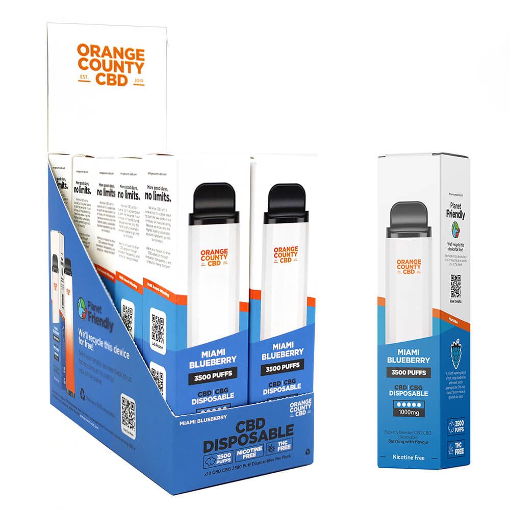 Orange County CBD 10ml Stylo Vape Jetable Miami Blueberry 600mg CBD + 400mg CBG – 3500 Puffs (10pcs/présentoir)