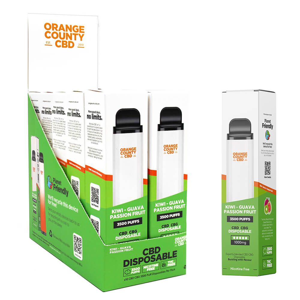 Orange County CBD 10ml Stylo Vape Jetable Kiwi Goyave Fruit de la Passion 600mg CBD + 400mg CBG – 3500 Puffs (10pcs/présentoir)