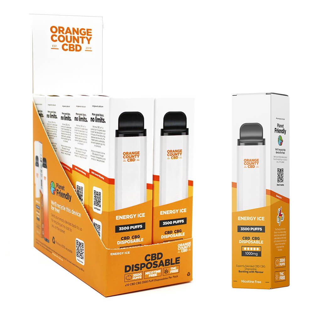 Orange County CBD 10ml Stylo Vape Jetable Energy Ice 600mg CBD + 400mg CBG – 3500 Puffs (10pcs/présentoir)