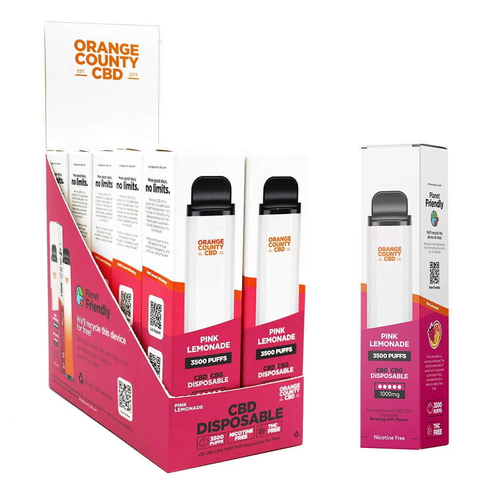 Orange County CBD 10ml Stylo Vape Jetable Pink Lemonade 600mg CBD + 400mg CBG – 3500 Puffs (10pcs/présentoir)