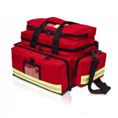 Bolsa emergencias con material gran capacidad roja. Botiquín de ataque ambulancia. Alquiler bolsa de emergencias.