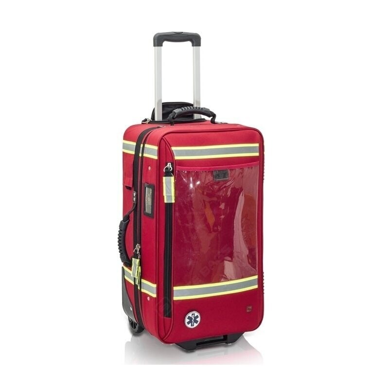 Maletín vertical de emergencias con trolley rojo. Alquiler maletas de emergencias.
