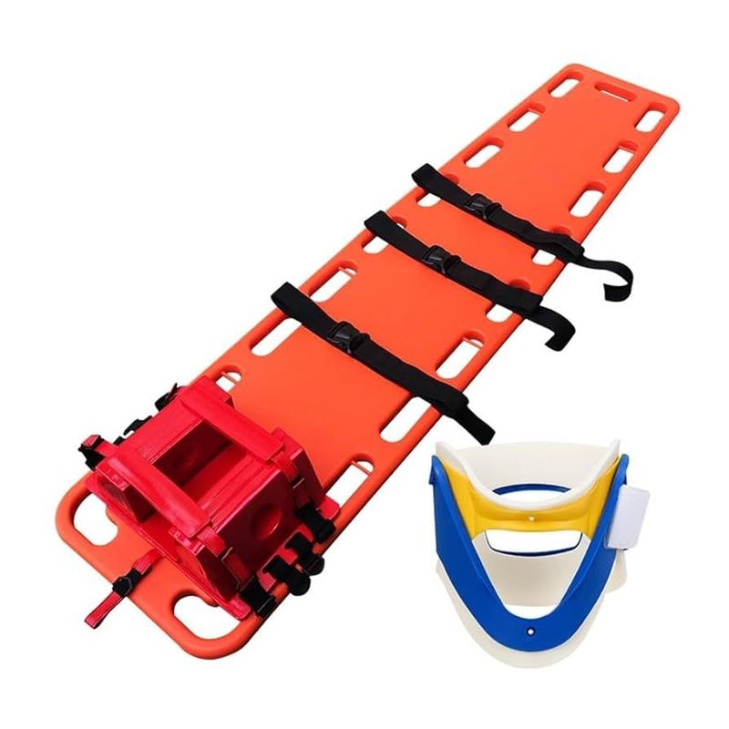 Tablero espinal, inmovilizador de cabeza, collarín y correas. Alquiler pack de rescate.