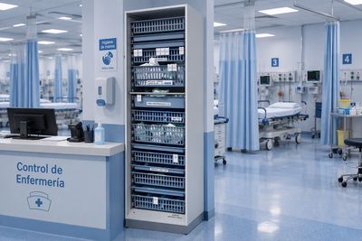 Armario modular de almacenamiento clínico o hospitalario. Alquiler armario vertical organizador de fungibles.