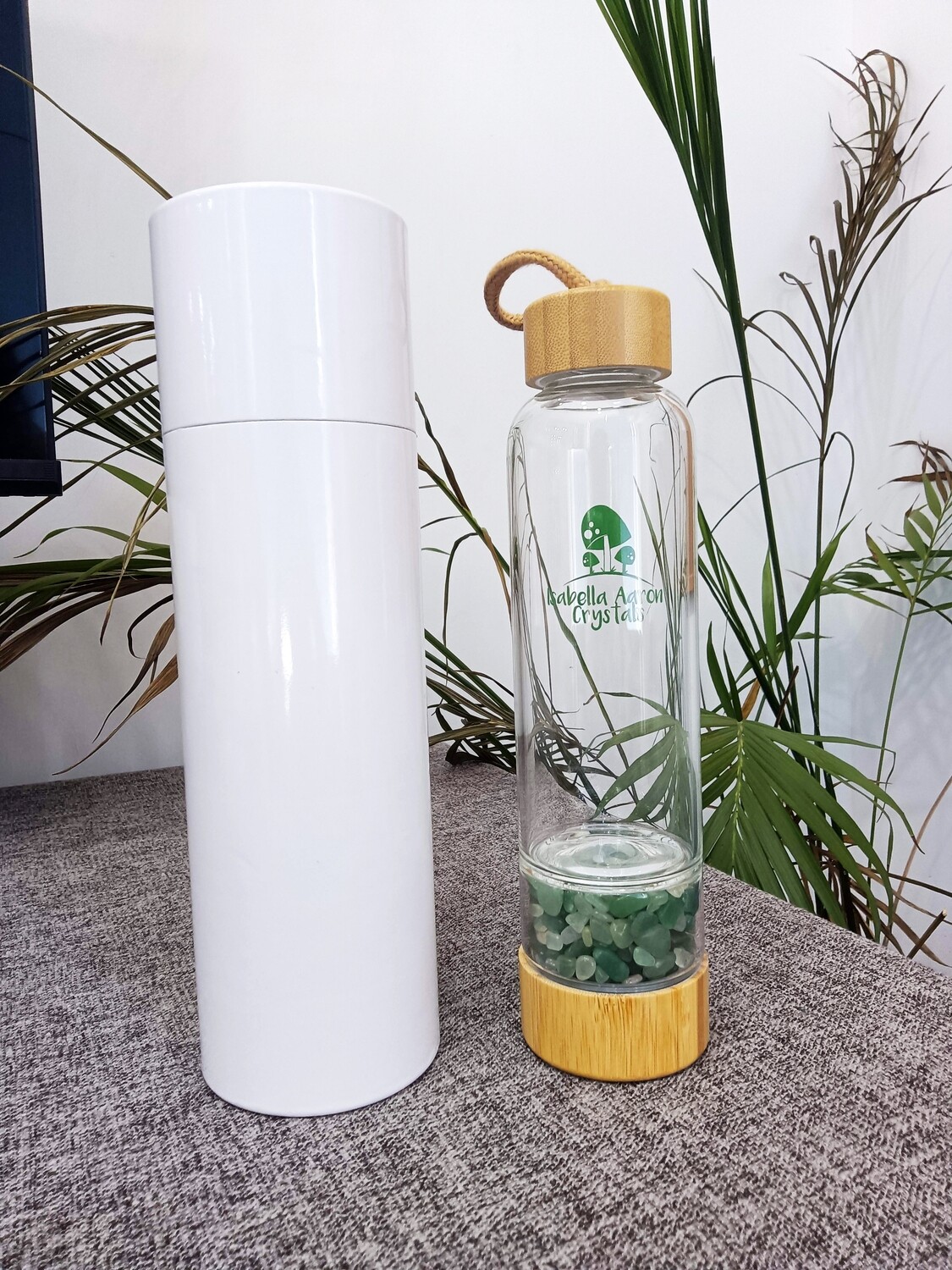 Green Aventurine Crystal Bamboo Glass Water Bottle 480ml