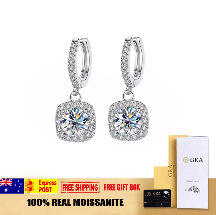 1ct Square Halo Moissanite Drop Earrings