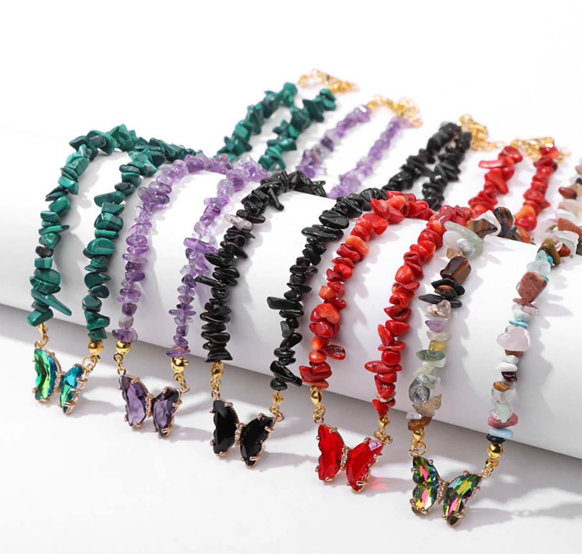 Crystal Chip Necklaces with Butterfly Pendant, Crystal Chips: Amethyst