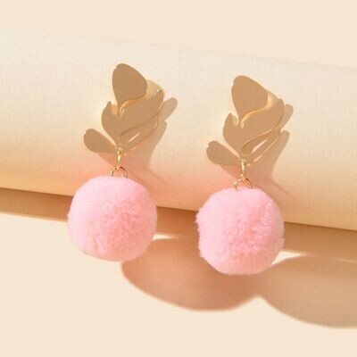 Gold Leaf Pink Ball Pompom Dangling Earrings