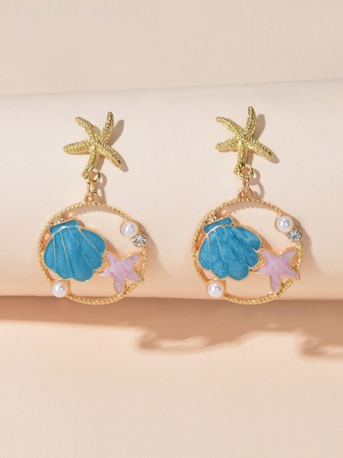 Seashell Starfish Pearl Candy Color Metal Earrings